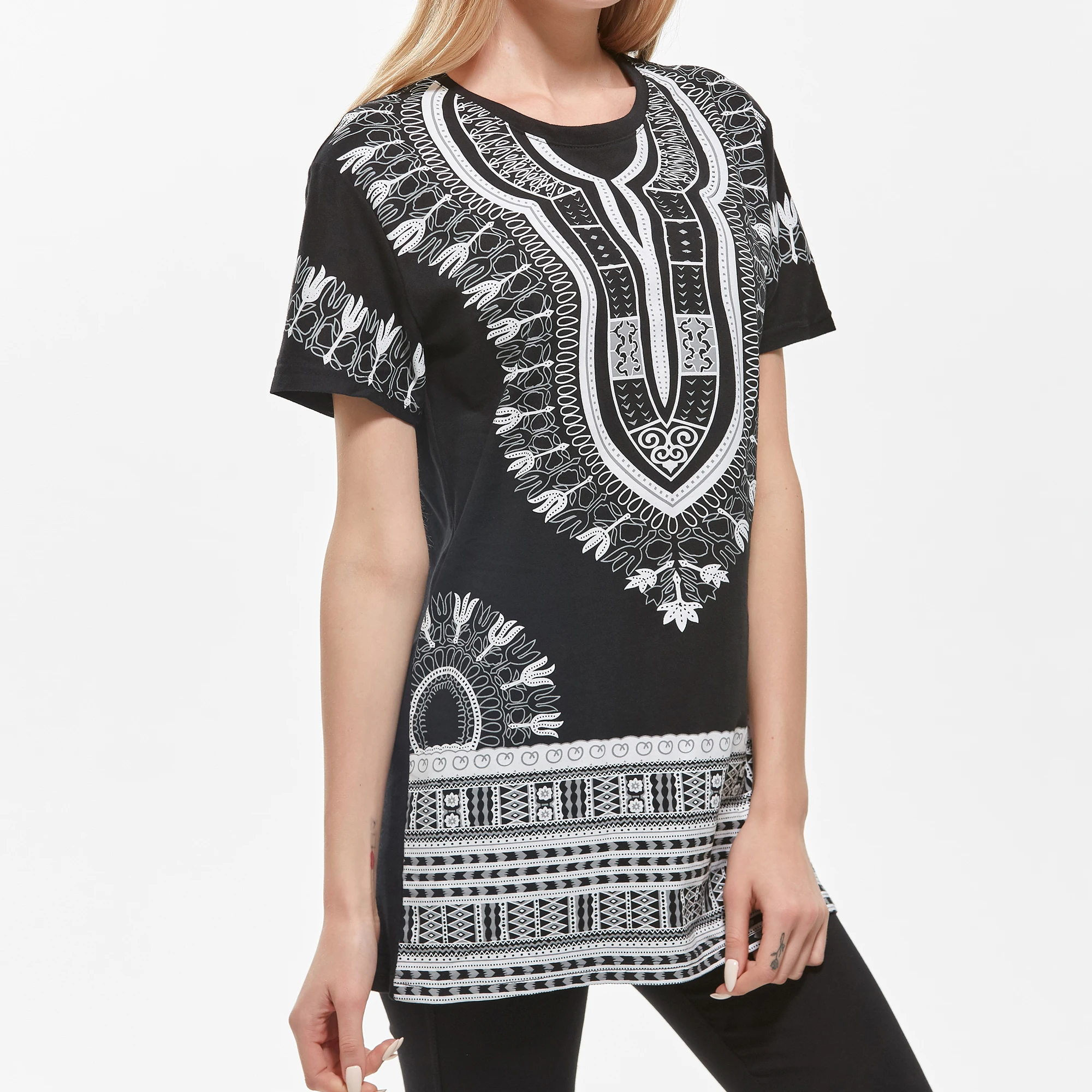 

Dashikiage Long Women Cotton Plus Size Women Dashiki Print Tee Short Sleeve Tshirt -Black 2019
