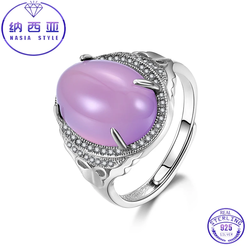 

Elegant Women Rings Prong Setting Violet Chalcedony Nature Gemstone Ring 925 Sterling Silver Fine Jewelry Adjustable