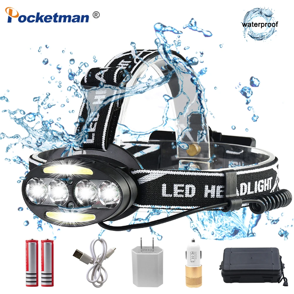 Pocketman 35000LM светодиодный фара 4 * T6 + 2 * удара + 2 * красный светодиодный налобный фонарь фара фонарик Факел Lanterna с 18650 Батарея Зарядное устройство