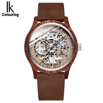 

IK Colouring Men Watches, Wood Case Casual Automatic Mechanical Skeleton Wrist-Watch Genuine Leather Bracelet