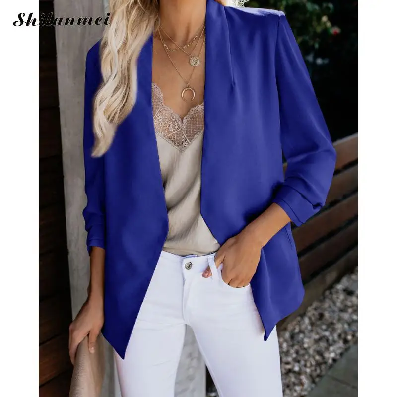 Женский блейзер осенний деловой плащ формальный тонкий пиджак офисный женский костюм длинный рукав плюс размер верхняя одежда пальто 5XL 4XL - Цвет: dark blue