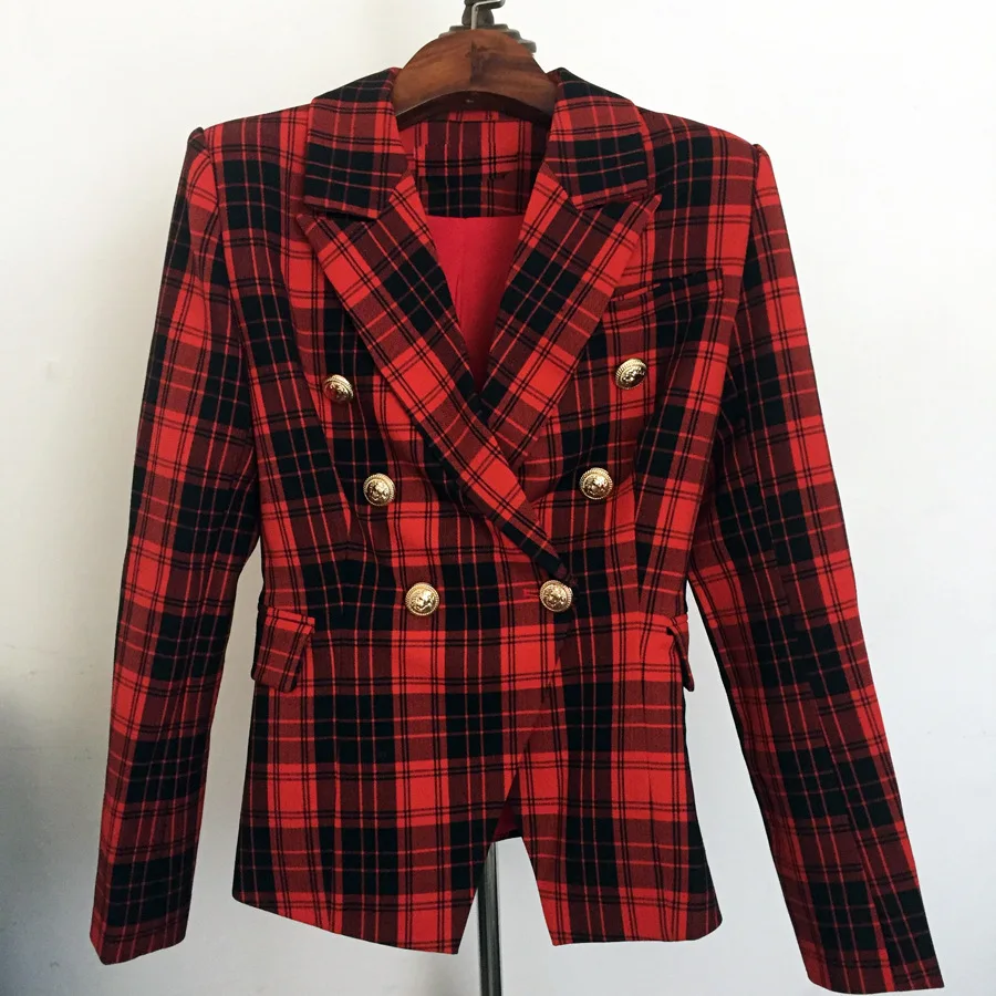  2018 Spring New Jacket Women Metal Lion Buttons Double Breasted Plaid blazer feminino