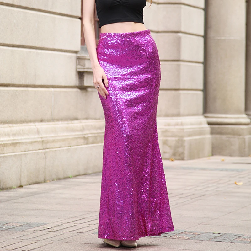 Gold Long Skirt Hot Sequins Women faldas Sparkle Glitter Maxi Skirts