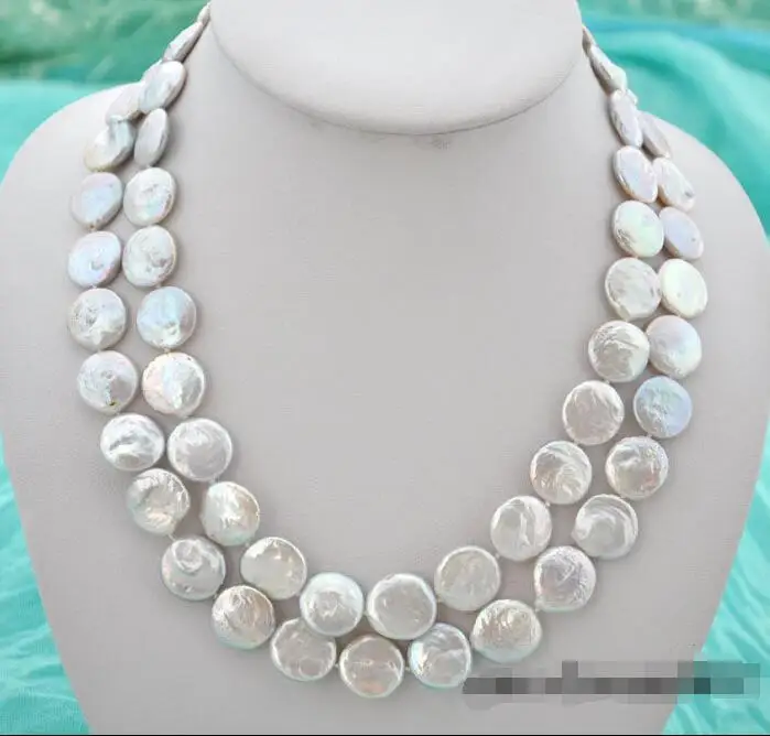 

FREE SHIPPING HOT sell new Style >>>> 2strands 20" 15mm coin white freshwater pearl necklace