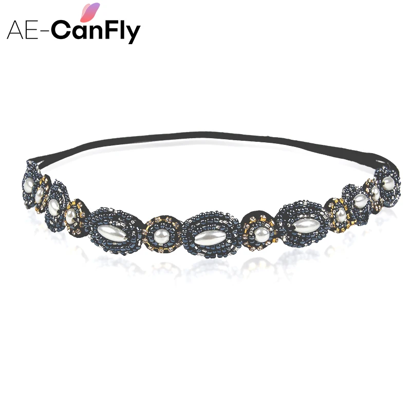 AE-CANFLY, винтажная Черная Королева, блестящие Кристальные бусины, эластичная повязка на голову, женские аксессуары для волос 1H5004 - Окраска металла: 1H1003