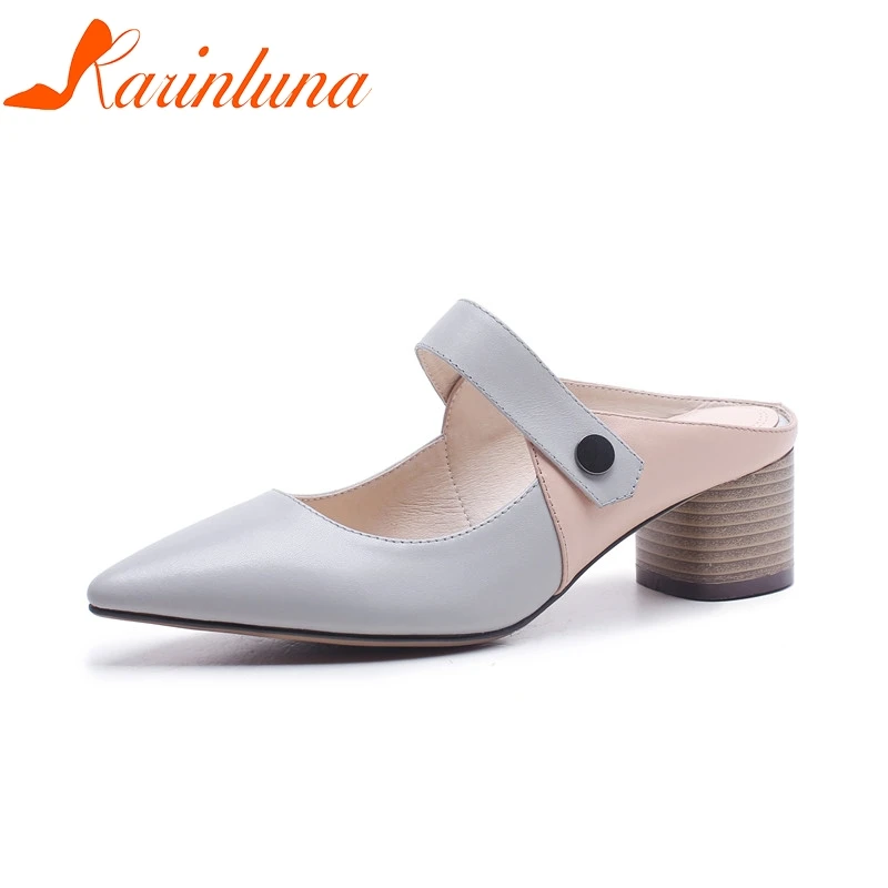 

KARINLUNA Large Size 33-40 Cow Genuine Leather Round Heels Pointed Toe Women Sandals Slip On Mules Fashion Shoes Woman