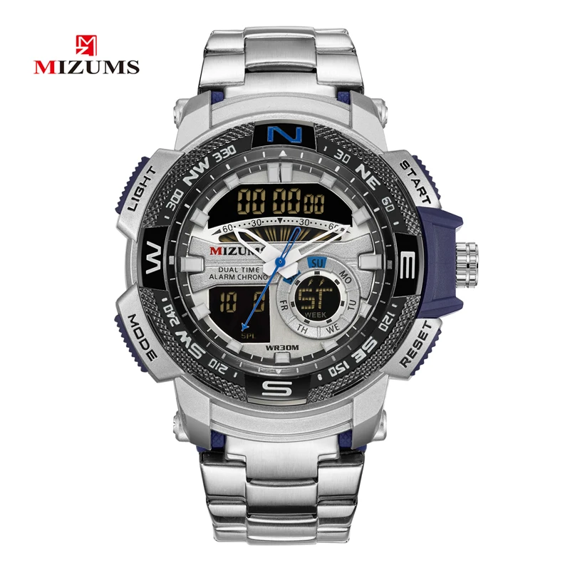 cool big case golden steel band bracelet quartz watches for men led digtial sports watches mens wristwatches dual time zones military style clock man free shipping (20)