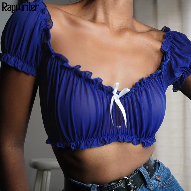 

Rapwriter Sexy Slash Neck Stretch Ruffles Mesh Bow Crop Tops Women 2019 Summer Streetwear Short Sleeve Skinny T-Shirt Blue