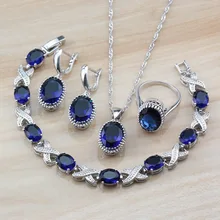 Новинка, классические синие Овальные Ювелирные наборы из кубического циркония, 925 серебряные женские серьги для костюма/ожерелья/браслета и кольца