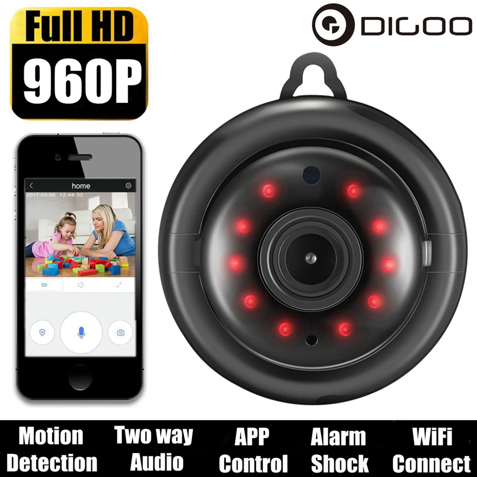 

Digoo DG-M1Q 960P 2.8mm Wireless Mini WIFI Camera Night Vision Smart Home Security IP Camera Support Onvif Monitor Black Grey