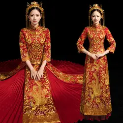 Esquisite Золото Вышивка Дракон и Феникс для женщин Cheongsam древних Свадебная вечеринка невесты Qipao тост костюмы Винтаж Платье Vestidos