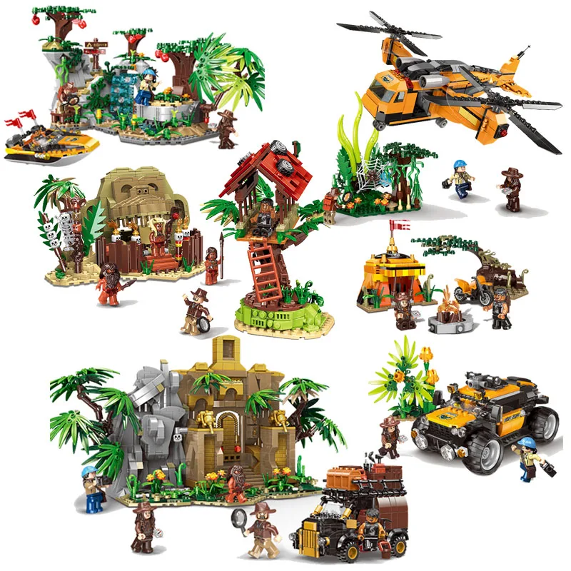 

Military series Primitive Forest Science Adventure Series Helicopter jeep forest rescue Building Blocks Toys For children Gifts