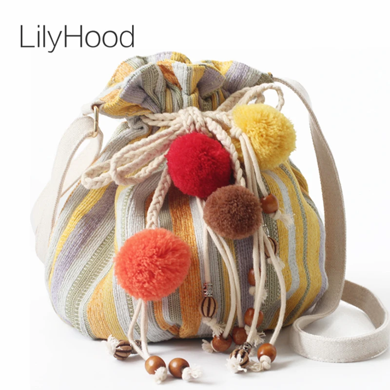 

LilyHood Women Music Festival Bucket Shoulder Bag Bohemian Boho Tribal Chic Stylish Beads Cute Pom Pom Fabric Crossbody Bag