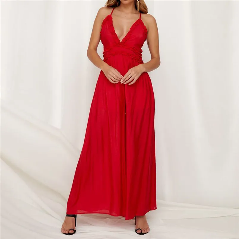 New Fashion Women Summer Sexy  Sleeveless V Neck Solid Ruffle Loose Sling Jumpsuit Elegant Lady Casual Bodysuits Playsuit #4R08 (18)