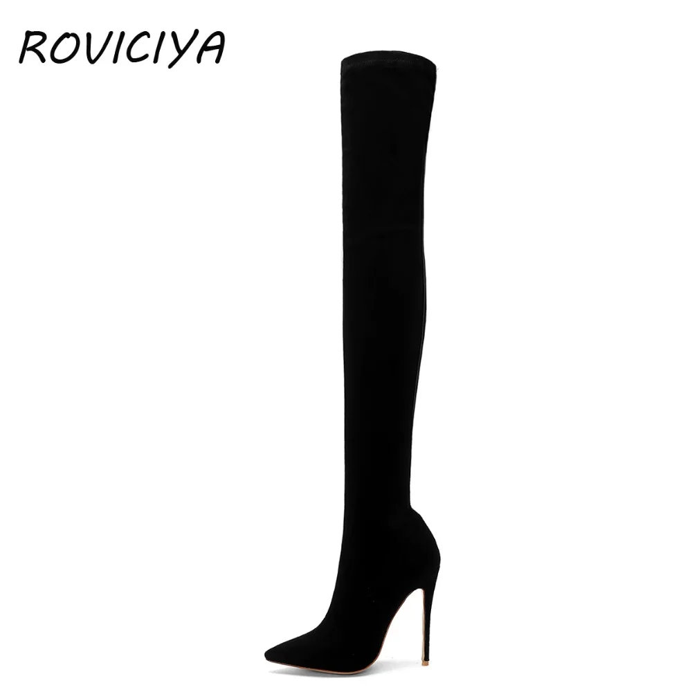 

Black elastic thigh high boots 12 cm high heels pointed toe woman sexy nightclub autumn stilettos shoes plus size WJ027 ROVICIYA