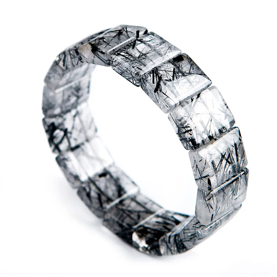 

Natural Brazil Black Hair Needle Rutilated Quartz Crystal Charm Rectangle Beads Bracelet