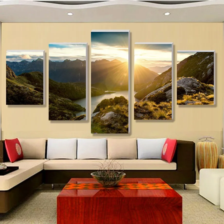 Modern Mountain And River Landscape Canvas Painting posters 5 Pieces Wall Art Spectacular Sunshine Wall Picture For Living Room