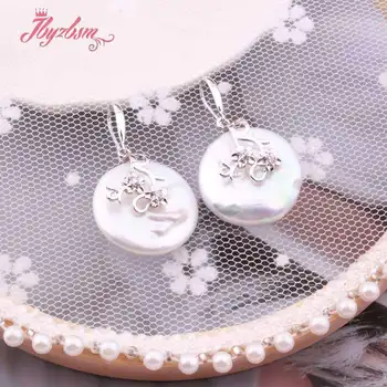 

17-19mm Coin Cultured Keshi Edsion Freshwater Pearl Natural Stone Beads Silver Plates Earrings For Woman Christmas Gift 1 Pair
