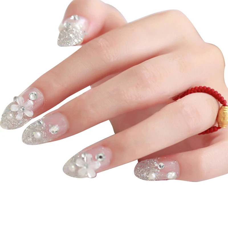 Новый 24 шт./компл. Невеста искусственный 3D накладные ногти, Свадебный Французский Алмазный палец Поддельные Типсы
