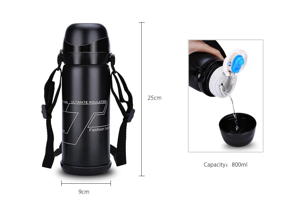 800ML Stainless Steel Vacuum Insulated Bottle Outdoor Sports Thermal Coffee / Water Kettle