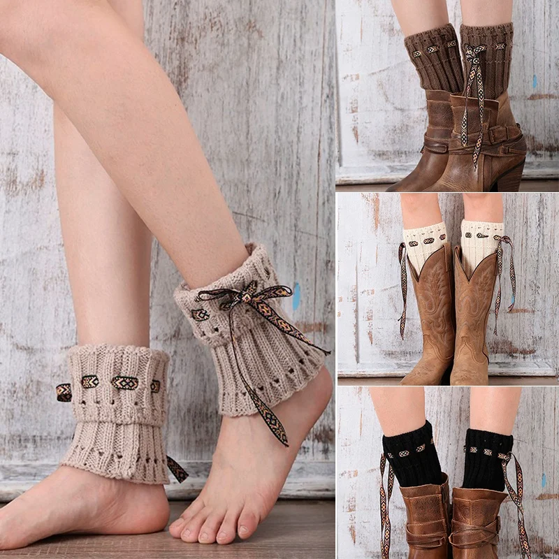 

1 pair Hot sale Girls Lady Winter Boot Toppers Knitted Leg Warmers for Women Lace Rope Boot Cuffs Off White Leg Warmers