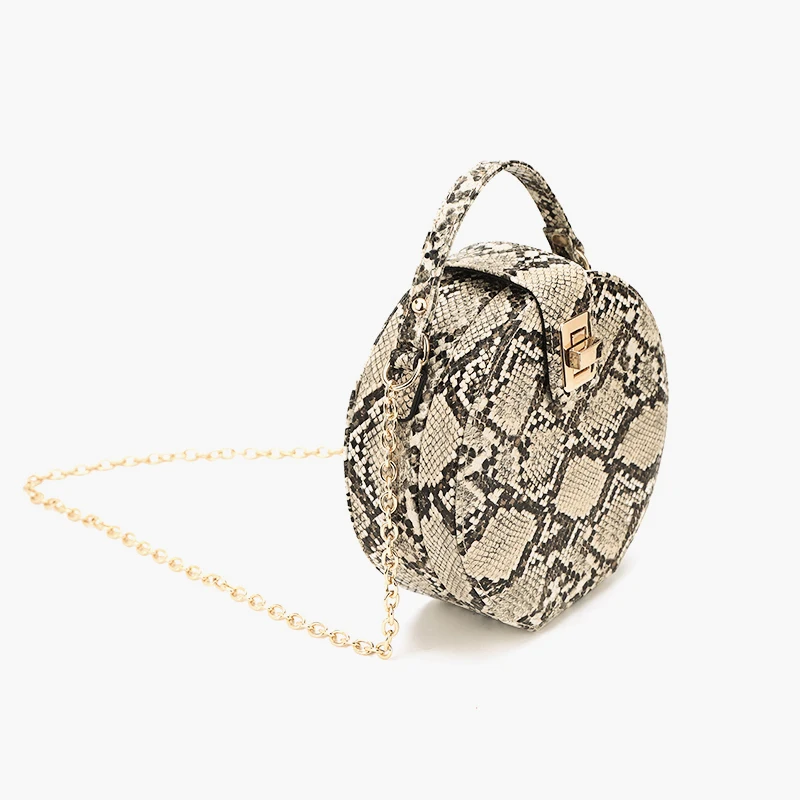 النساء حقائب الرجعية اعوج سلسلة حقيبة مستديرة المطبوعة صغيرة بو الأفعى جلدية الكتف Crossbody أكياس الإناث حقيبة ساعي 431