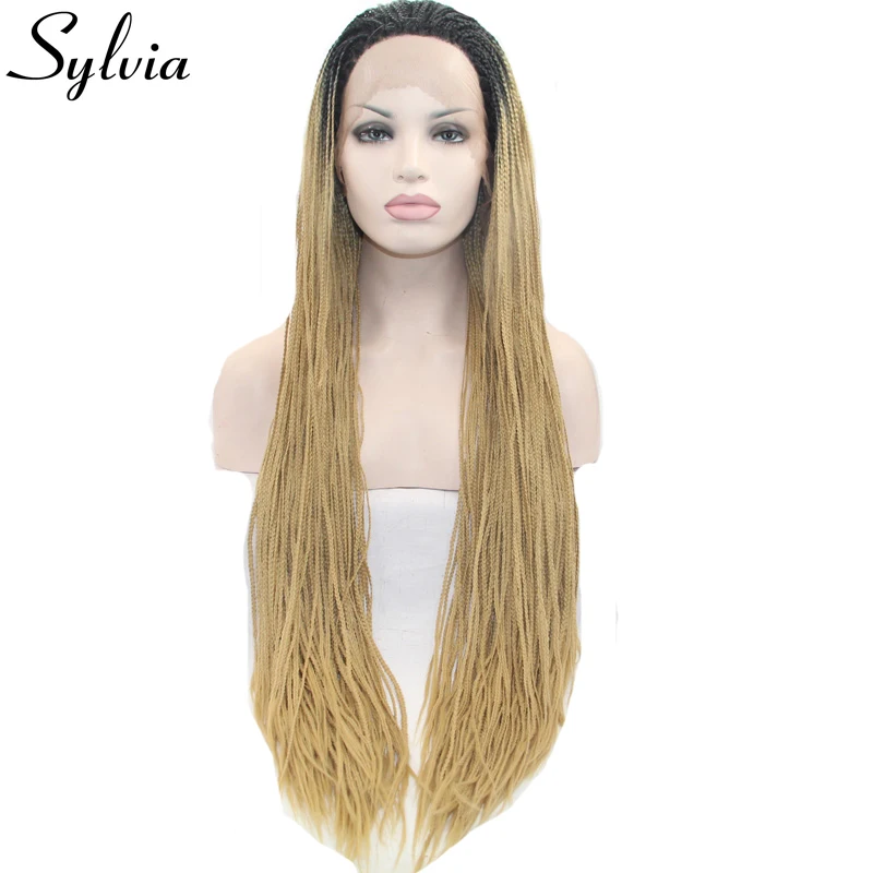 

Sylvia Blonde Ombre Micro Braiding Synthetic Lace Front Wigs Dark Roots Natural Braided Box Braids Heat Resistant Fiber