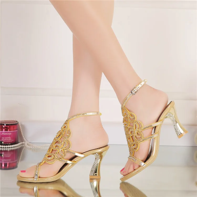 2016 Summer New Diamond Sandals Female Chunky Heeled High Heels Crystal Fashion Womens Large Size Shoes 11 Gold Silver Black-8