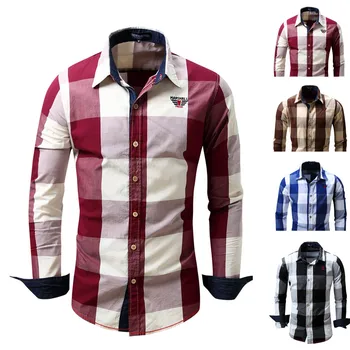 

Men Blouse Men's Checked Shirt Long Sleeve Non-Iron Casual Blouse Cotton Slim Fit Plaid Top