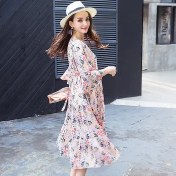 

Pregnant Women Summer Solid Color Dress Mother Short Sleeve Paragraph V-Neck Large Size Chiffon Maternity Dress