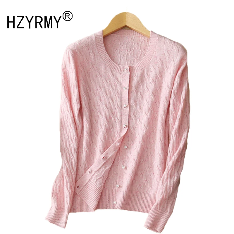 HZYRMY Autumn Winter New Women Pure Cashmere Cardigan O-collar Soft High Quality Solid jacket Pearl Buckle Short Fashion Sweater |