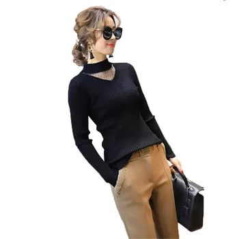

New Autumn Women Lace Hollow Out Slim Knitted Bottoming Pullover Female Half Turtleneck Casual Elegant Knitwear Sweater Tops P48