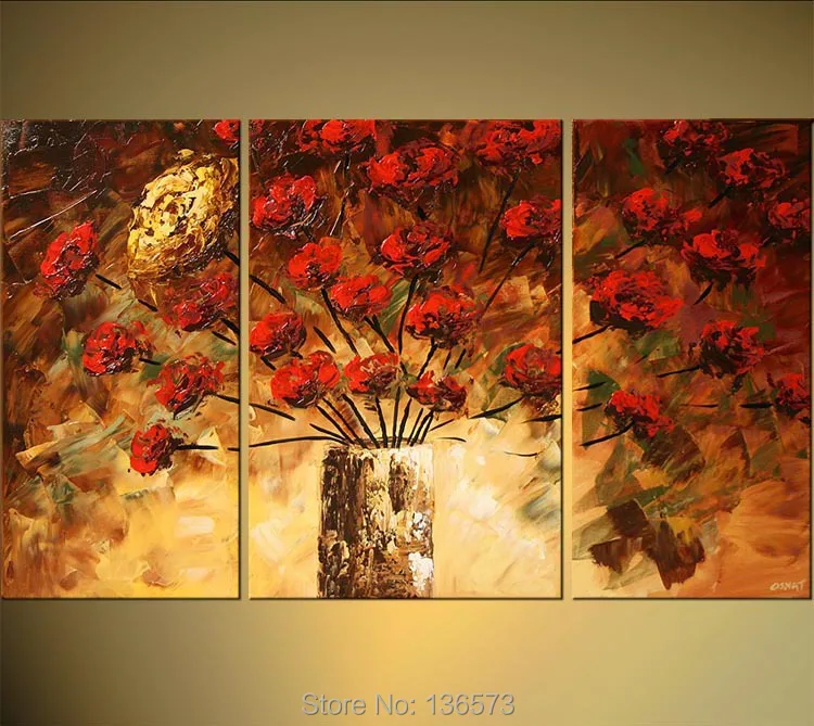 3 Panel wall art Hand Painted Modern Abstract red flower in Vase Oil