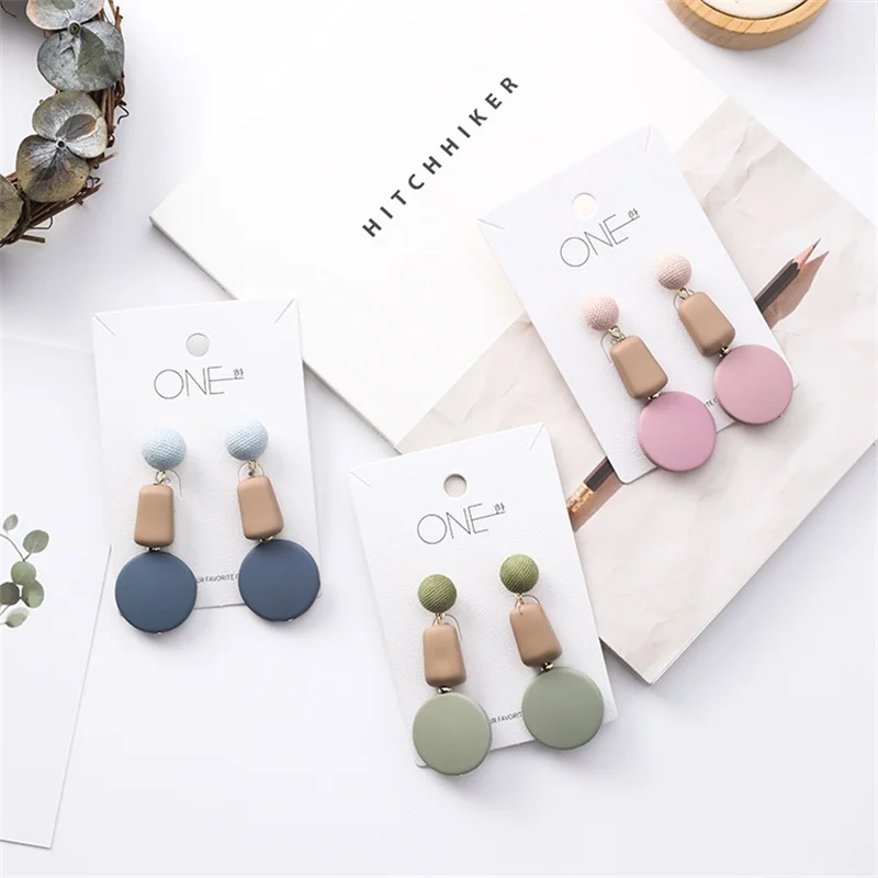 

2019 Korean Sweet Pink Earrings Candy Color Irregular Geometric Cube Drop Earrings Fashion Button Long Women's Earring Jewelry