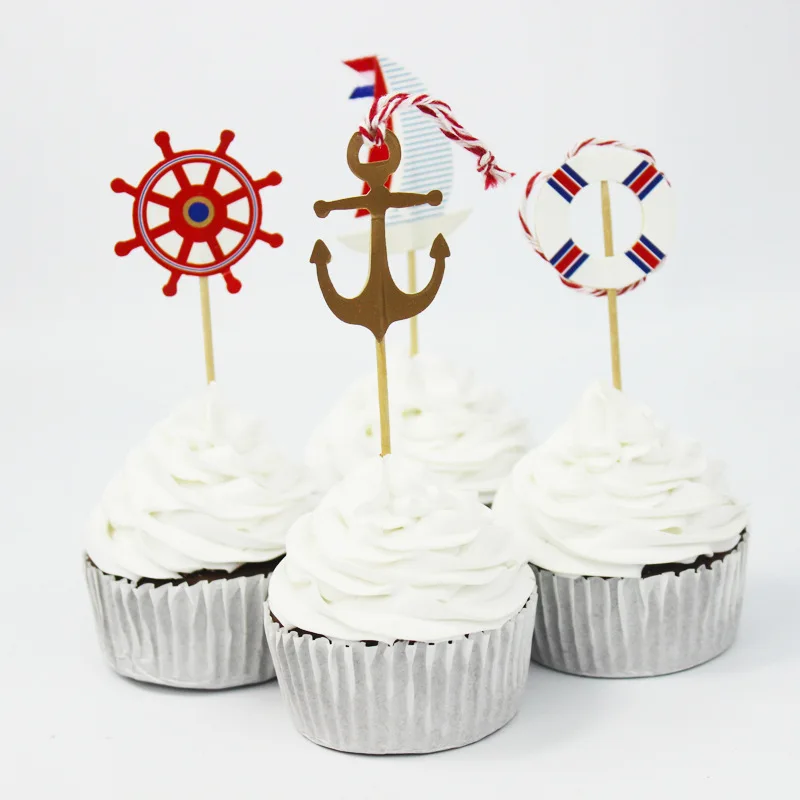 Qwwss 24pcs Navy Sailing Anchor Cupcake Topper For Boy Birthday