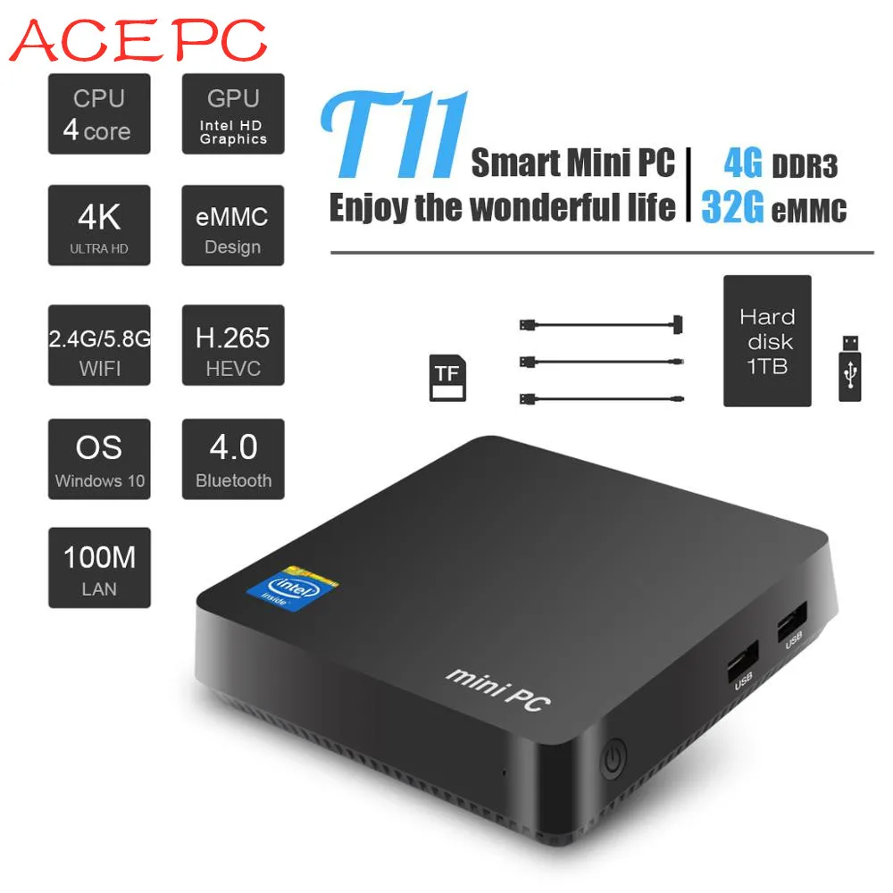 T11 WIN10 мини ПК Intel Atom Z8350 1,92 ГГц 4 Гб ОЗУ 4 Гб + 64 ГБ Windows 10 HDMI VGA USB3.0 2,4G/5,8 ГГц WIF Мини компьютер настольный ПК