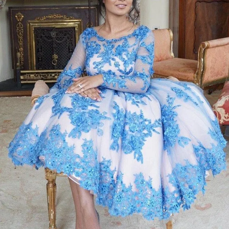 Синие вечерние платья трапециевидной формы с аппликацией, тюлевые вечерние платья средней длины, гламурные вечерние платья в Дубае с длинными рукавами, abiye gece elbisesi