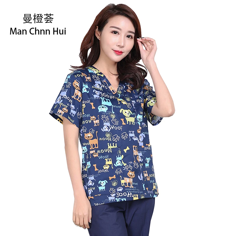 

Veterinary Uniforms Scrub Tops Medical Scrubs Blue Flowers Dog Print Short Sleeve Scrub Pet Doctor Dental Nurse Costume Cotton
