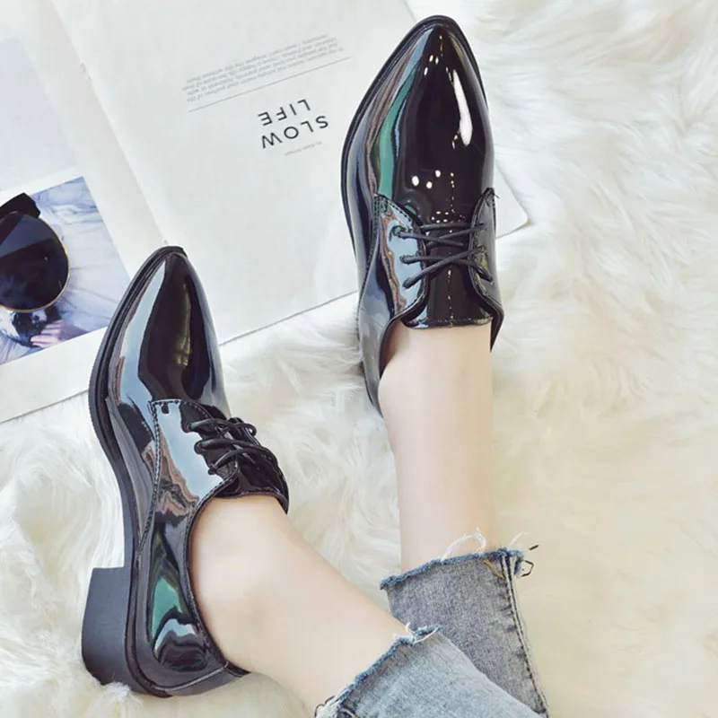 ladies black patent flat lace up shoes