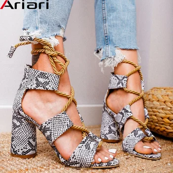 

Ariari Women Sandals Lace Up Summer Shoes Woman Heels Sandals Snake Print Fish Mouth Gladiator Sandals Hemp Rope High Heels