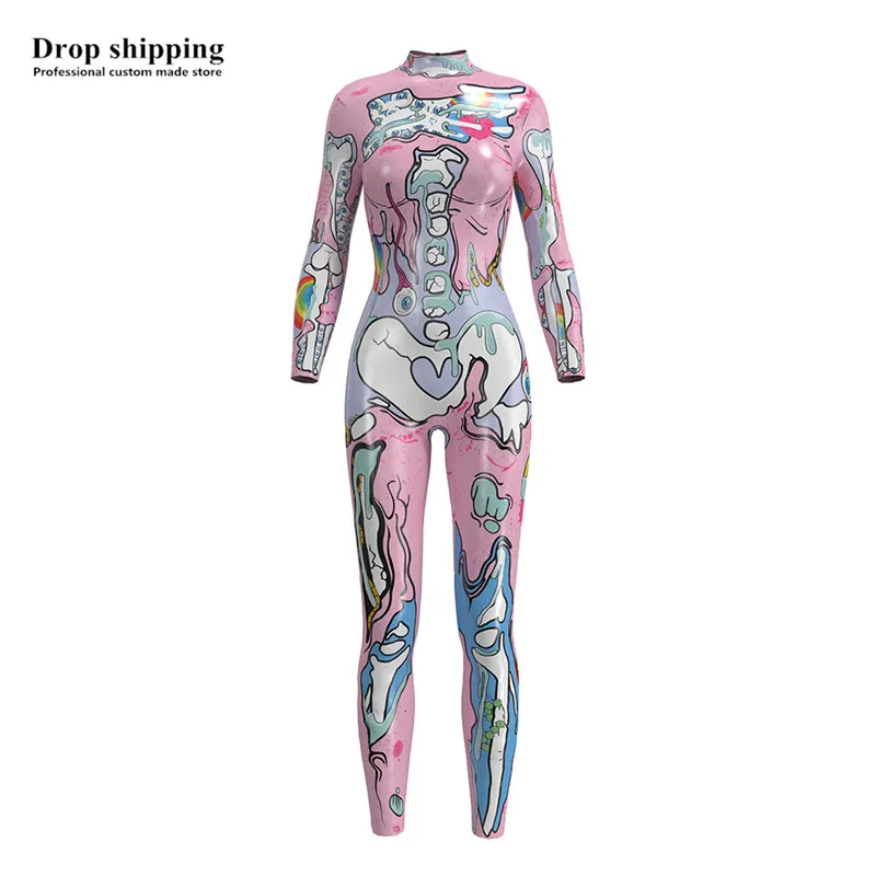 

Funny terror Pink Bone/Skeleton 3D Printing Jumpsuits For Women Girls Halloween Cosplay Costumes clothes Sets Sexy Women Zentai