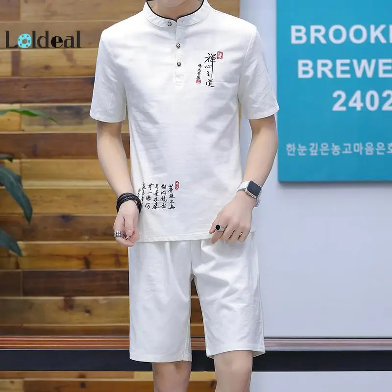 LOLDEAL Short Sleeve T-Shirt Set Men's Chinese Embroidered Cotton Set Casual Slim Men's Short Sleeve Shorts