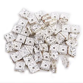 

50 Silver Square Rhinestone Rondelle Spacer Beads 8MM HOT