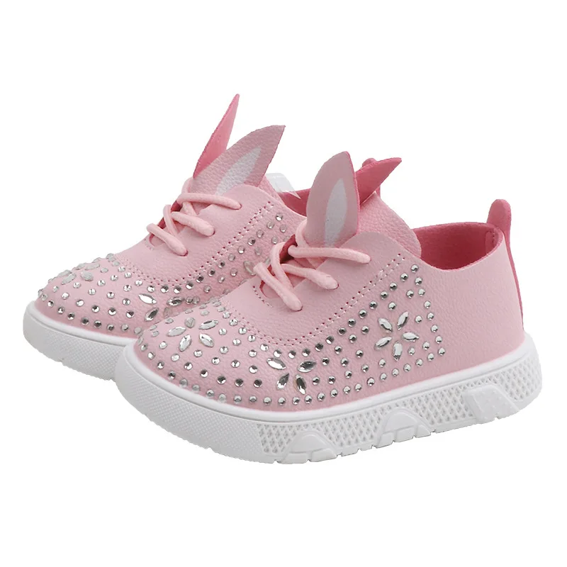 

COZULMA Autumn Kids Sneakers Girls Rabbit Ears Rhinestone Shoes Baby Girls Soft Bottom Sneakers Children Sport Shoes 1-6 Years