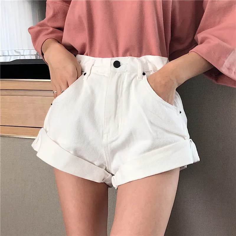 Alien Kitty Retro High Waist Wide Leg Denim Shorts Women New Summer Korea Style Fashion Streetwear Solid Sexy Short Jeans - Цвет: white