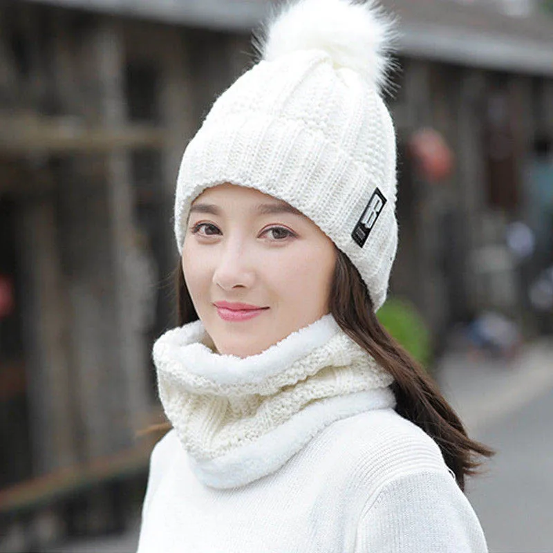 2 шт шарф Hat комплект Для женщин зимние теплые однотонные помпонами вязаная мягкие шапочки и шарфы Повседневное одноцветное головные уборы