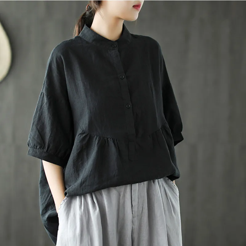 Johnature Stand Collar Solid Color Tops 2018 Summer New Single-breasted Short Sleeve 4 Colors Casual Cotton Linen Women Shirts Johnature Stand Collar Solid Color Tops 2018 Summer New Single-breasted Short Sleeve 4 Colors Casual Cotton Linen Women Shirts