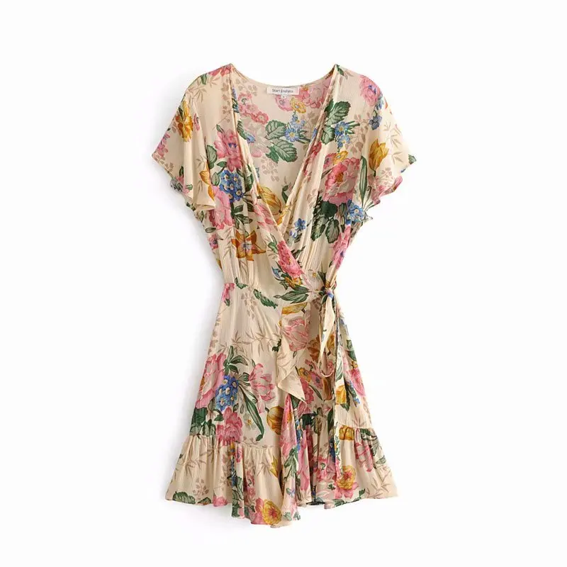 

GYPSY Boho Chic Summer Vintage Floral Print Ruffle Wrap Mini Dress Women Fashion Bandage V Neck Beach Dresses Femme Vestidos