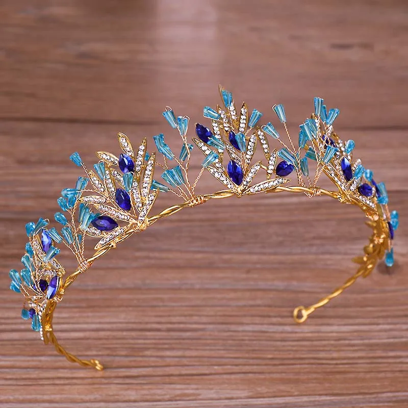 Золотой лист синий кристалл горного хрусталя свадебные тиары и короны невесты Noiva диадема головной убор украшения для волос женские свадебные аксессуары BH