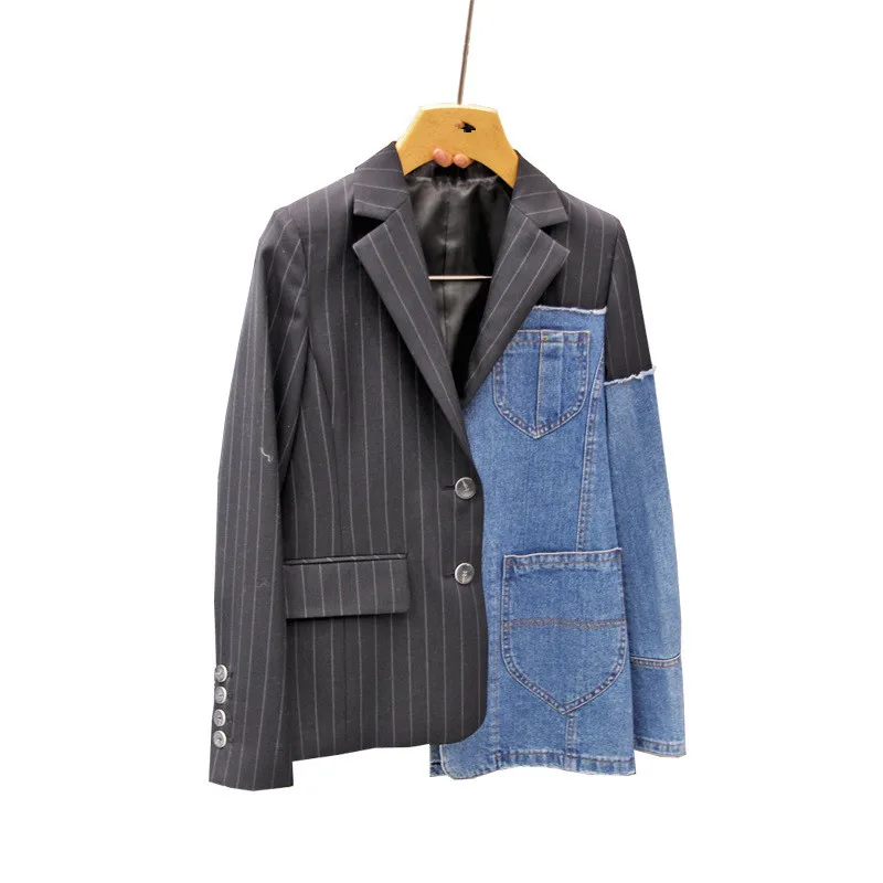 2018 Autumn Long Sleeve Women Denim Jacket Casual Jeans Patchwork Coat Asymmetrical  Top Lady Striped Coat
